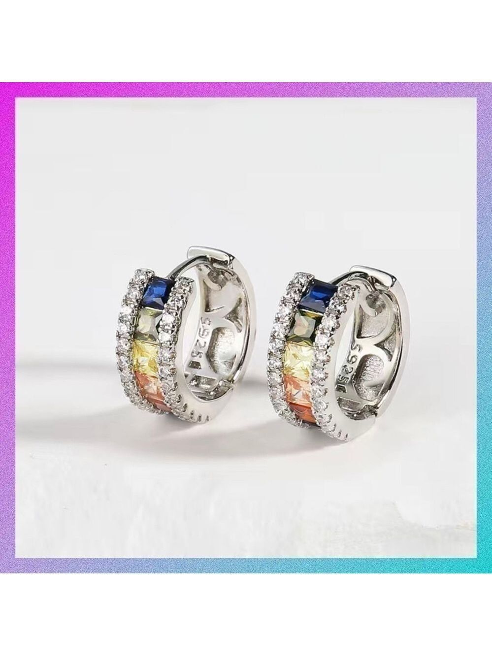 925 Sterling Small Huggie Earrings with Multi-Colored Stones and Bling #641